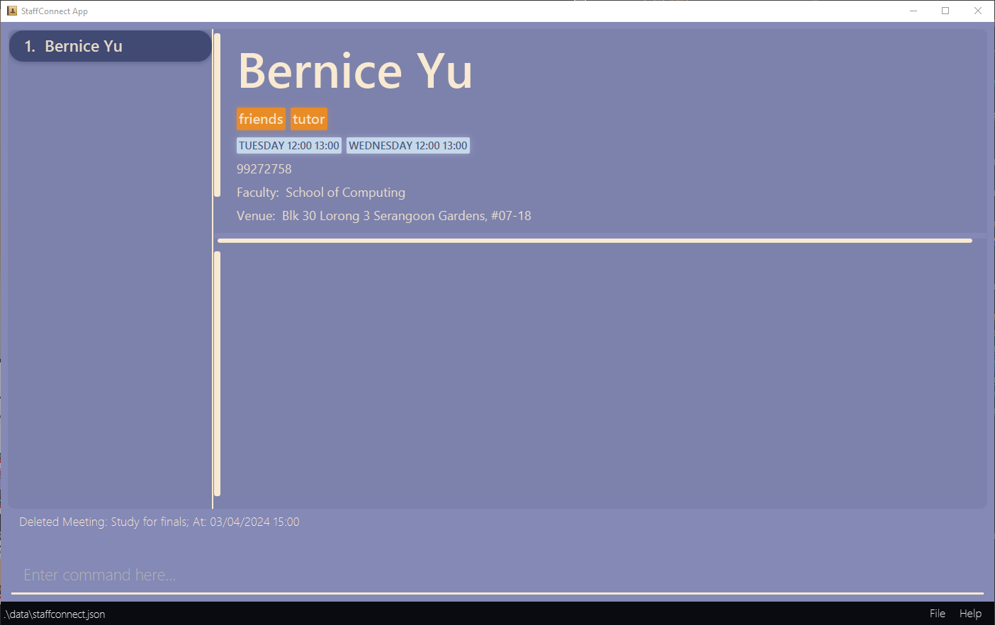 result for after `find Bernice Yu` followed by `meeting-delete 1 i/2`